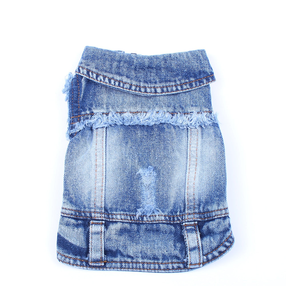Blue denim pet jacket with frayed collar and distressed front panel