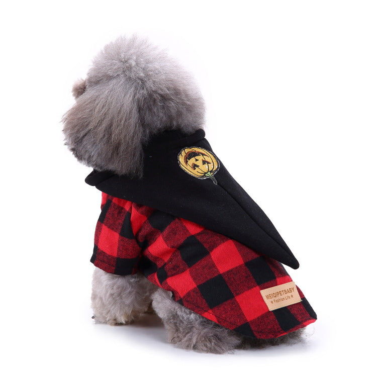 Black and red dog costume with beak headpiece and buffalo plaid body