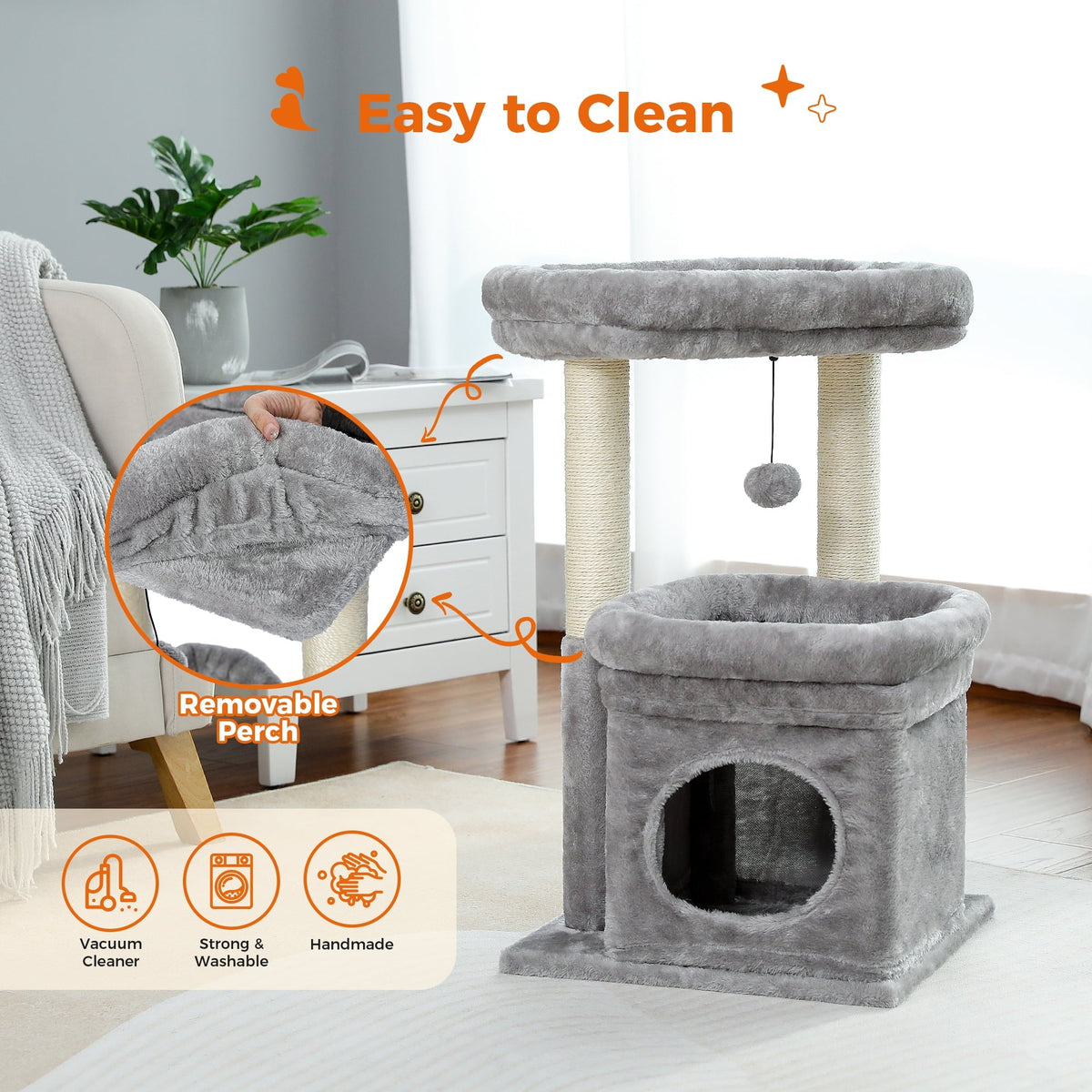 Gray multi-level cat tree condo with plush perch and enclosed hideaway with dangling ball