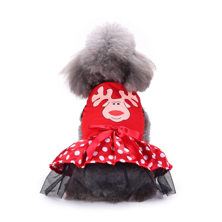 Red holiday dog dress with cartoon face, white polka-dot skirt, and black tulle hem