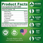Hemp calming chews product facts panel listing active ingredients and free-from badges