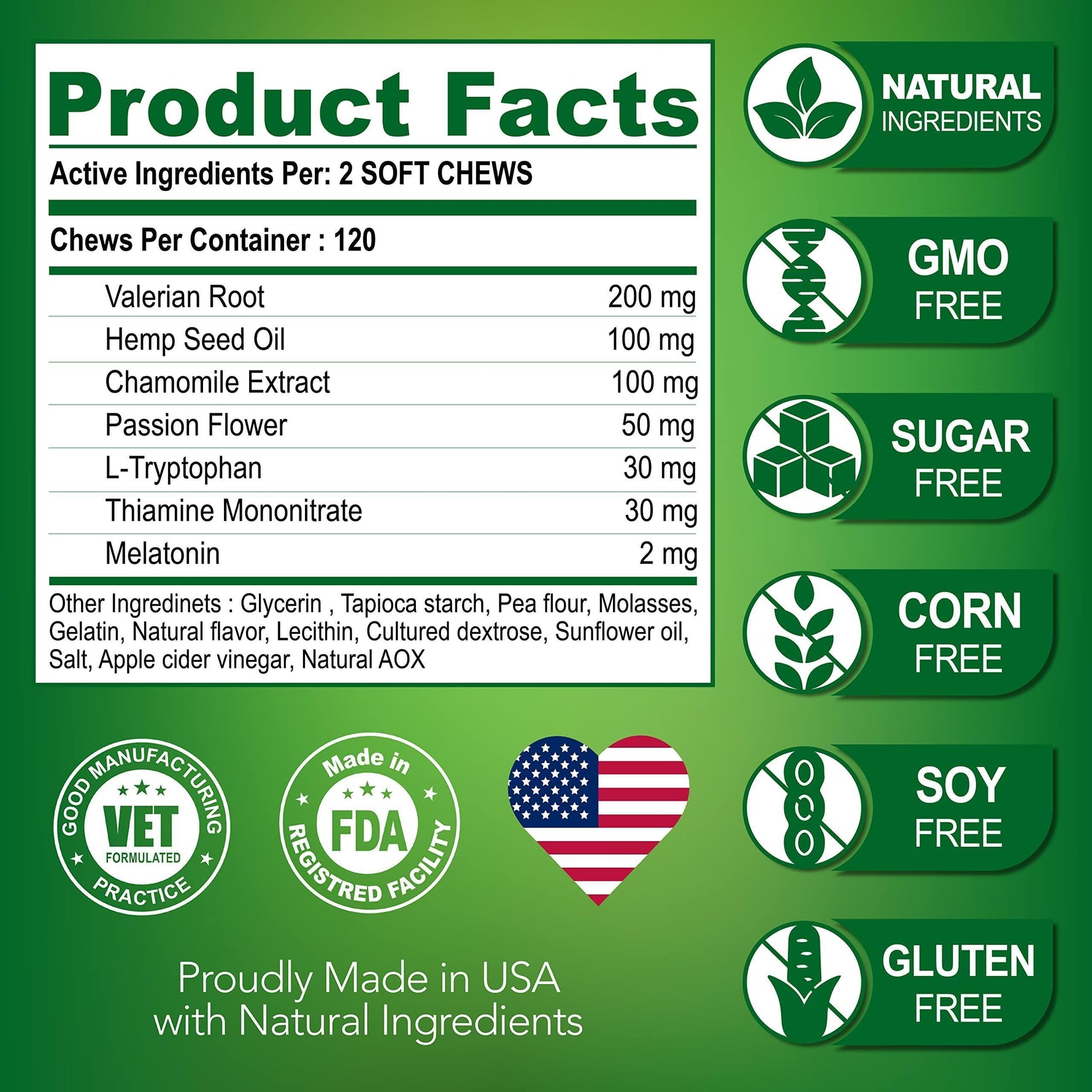 Hemp calming chews product facts panel listing active ingredients and free-from badges