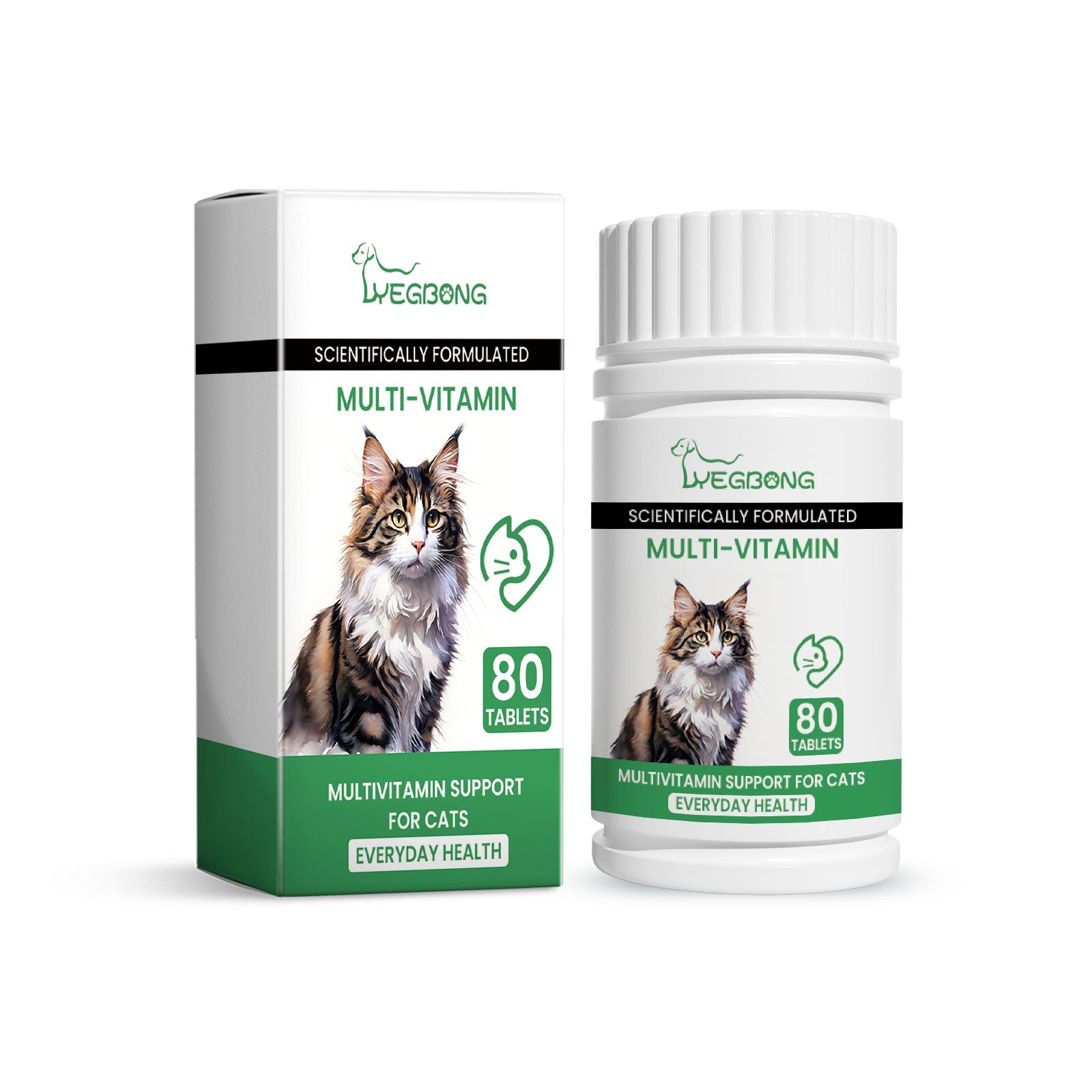 Cat multivitamin supplement box and bottle set, 80 tablets each