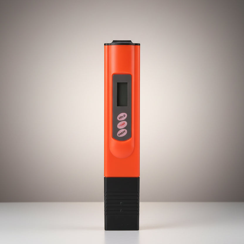 Water quality testing pen meter, bright orange body with LCD window and hold buttons
