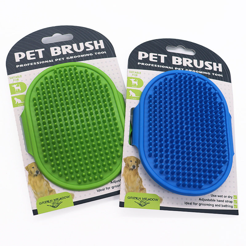 Two pet silicone brushes in green and blue, rubber bristle grooming pads