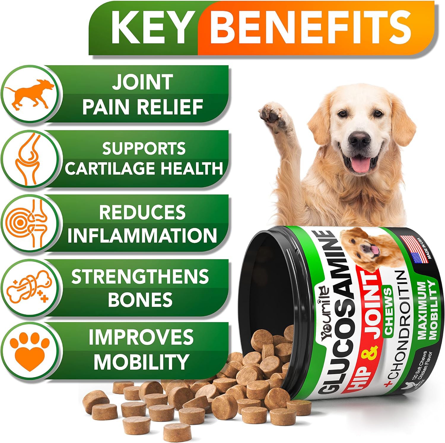 Pet joint supplement chews container with green label and small chew bites