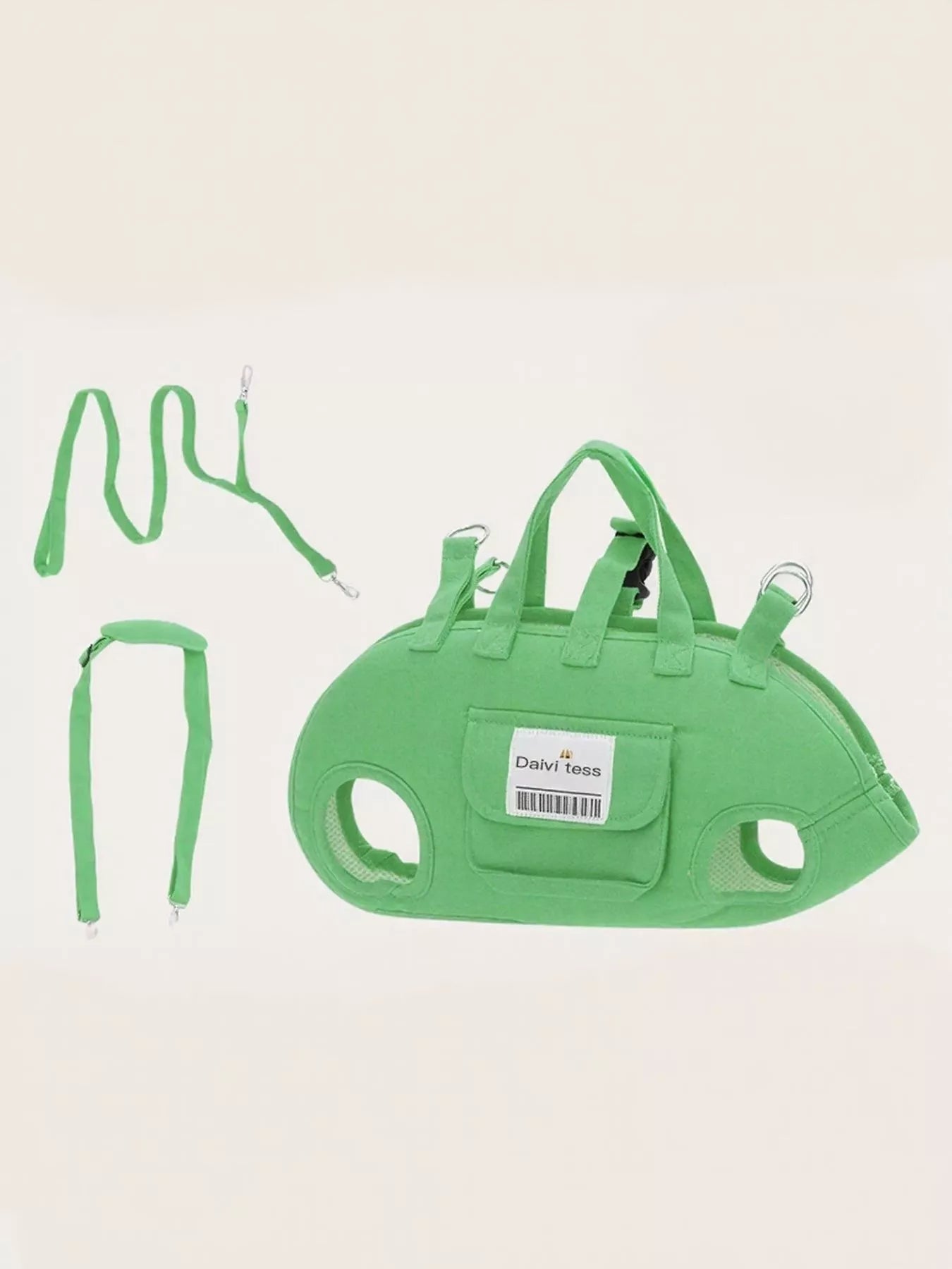 Green portable pet carrier harness with handle straps and front ID label pocket