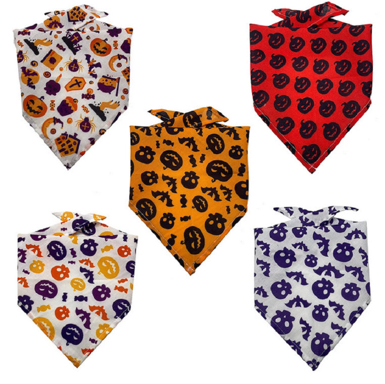 Pet tie-dye triangle scarf set: white, orange, and purple Halloween pattern bandanas