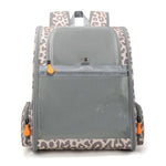 Pet backpack back view with grey mesh panel and leopard-print trim along bottom edge