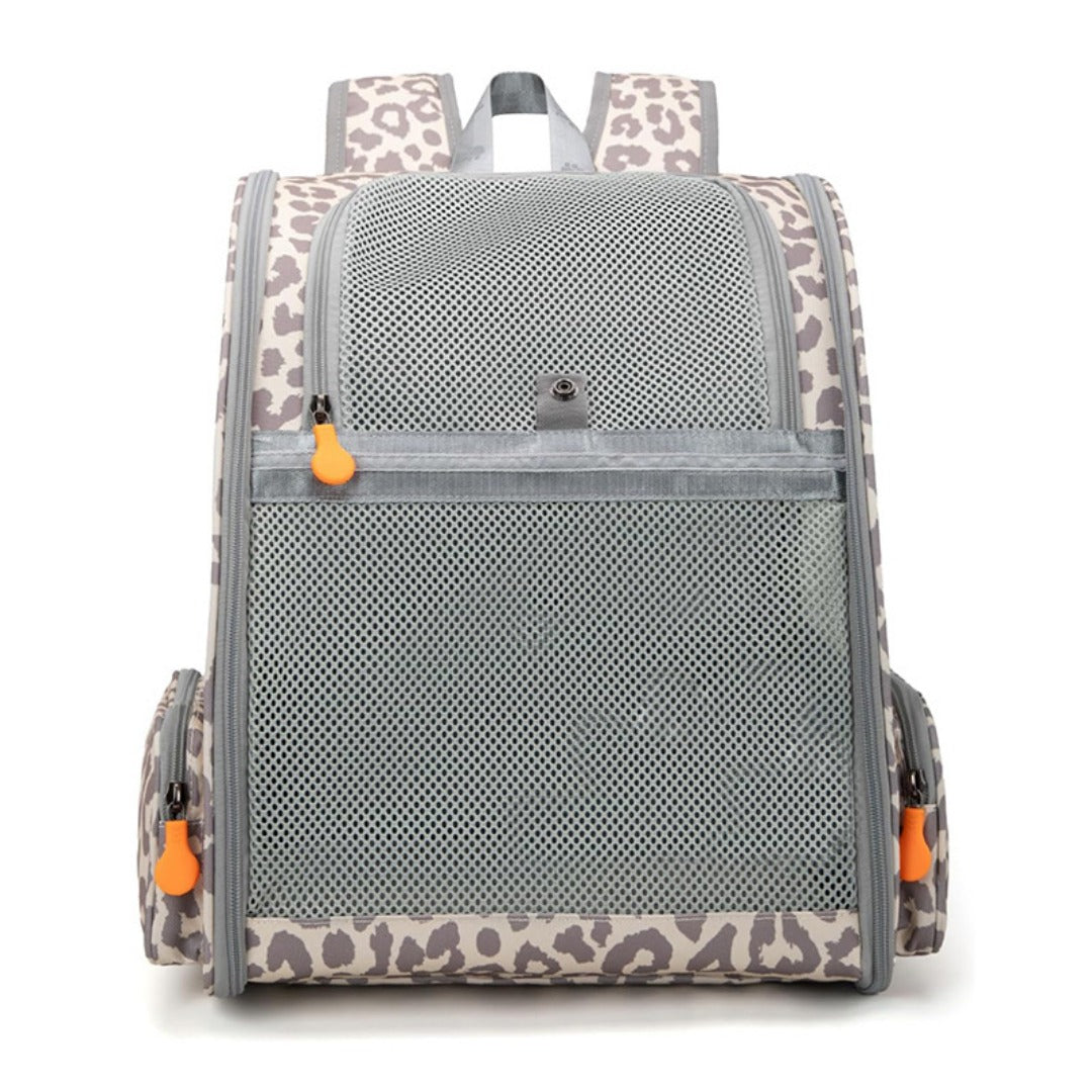 Pet backpack back view with grey mesh panel and leopard-print trim along bottom edge