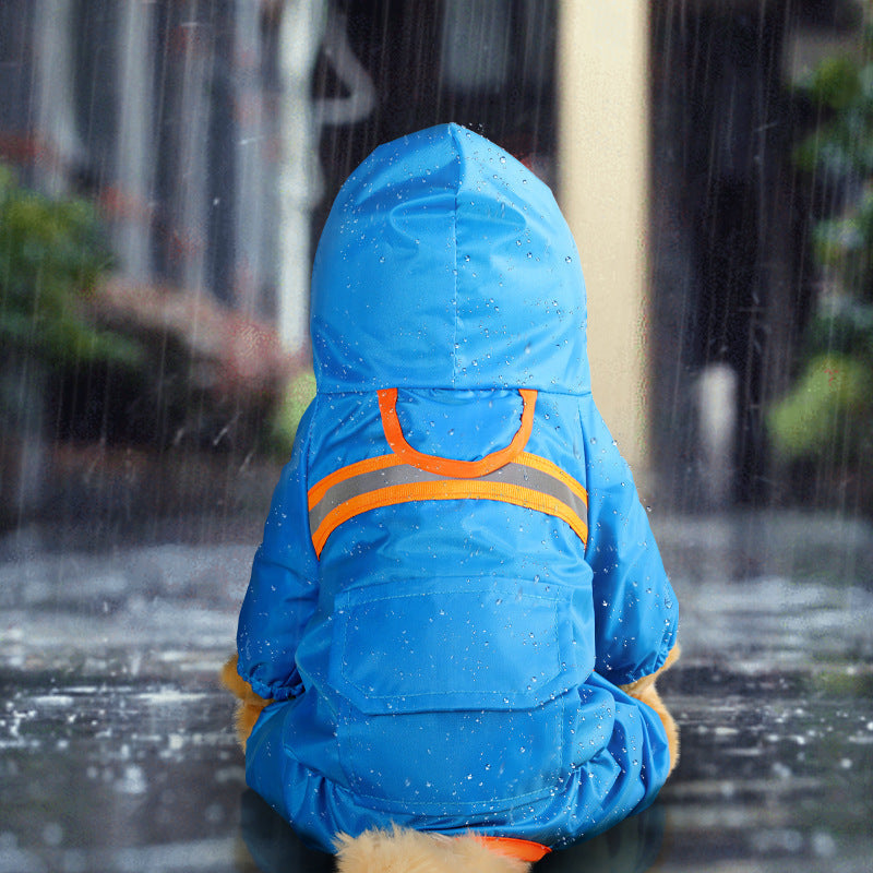 Reflective raincoat for dogs, blue with hood, reflective stripes, and snap-front cover