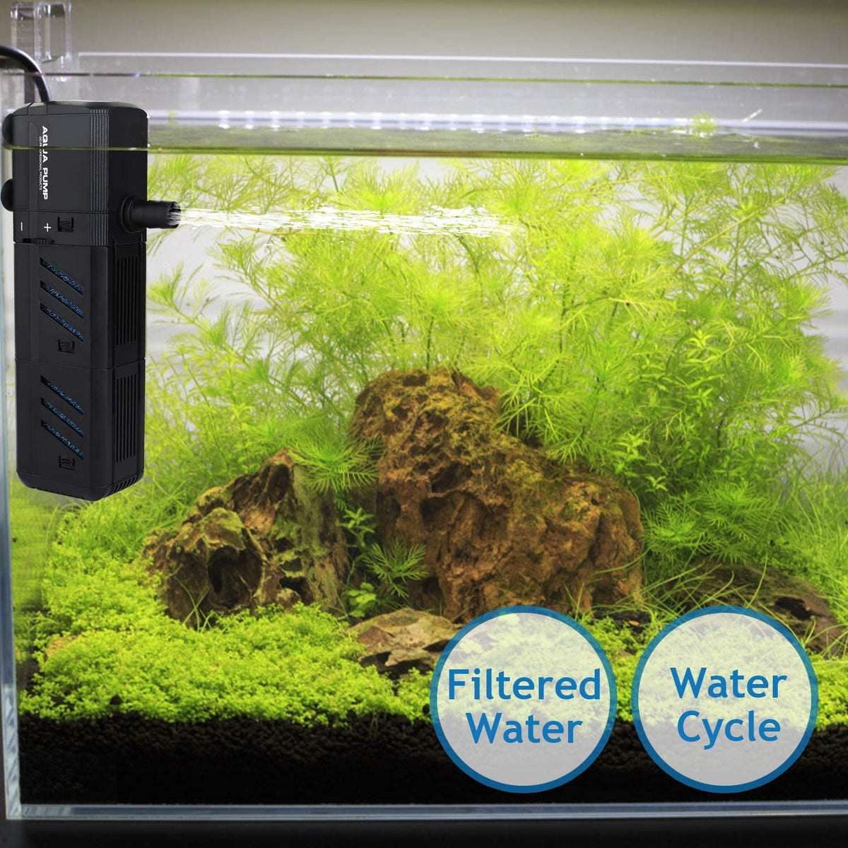Internal filter pump mounted inside aquarium; visible outlet nozzle on the left