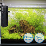 Internal filter pump mounted inside aquarium; visible outlet nozzle on the left