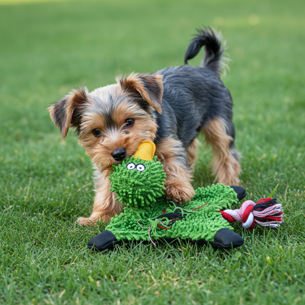 Grünes Mop-Plüsch-Ente-Spielzeug mit gelbem Schnabel und großen Augen, Hund trägt es im Gras