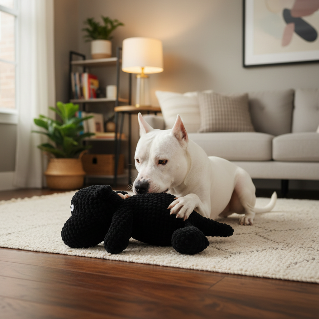 Black plush bear pet toy with round white eye detail and textured knit fabric