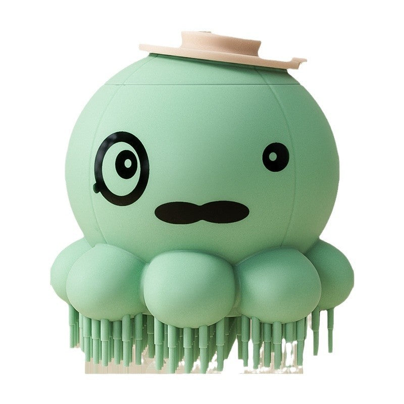 Pet shower brush silicone bath massage comb, green rounded character with bristle tips