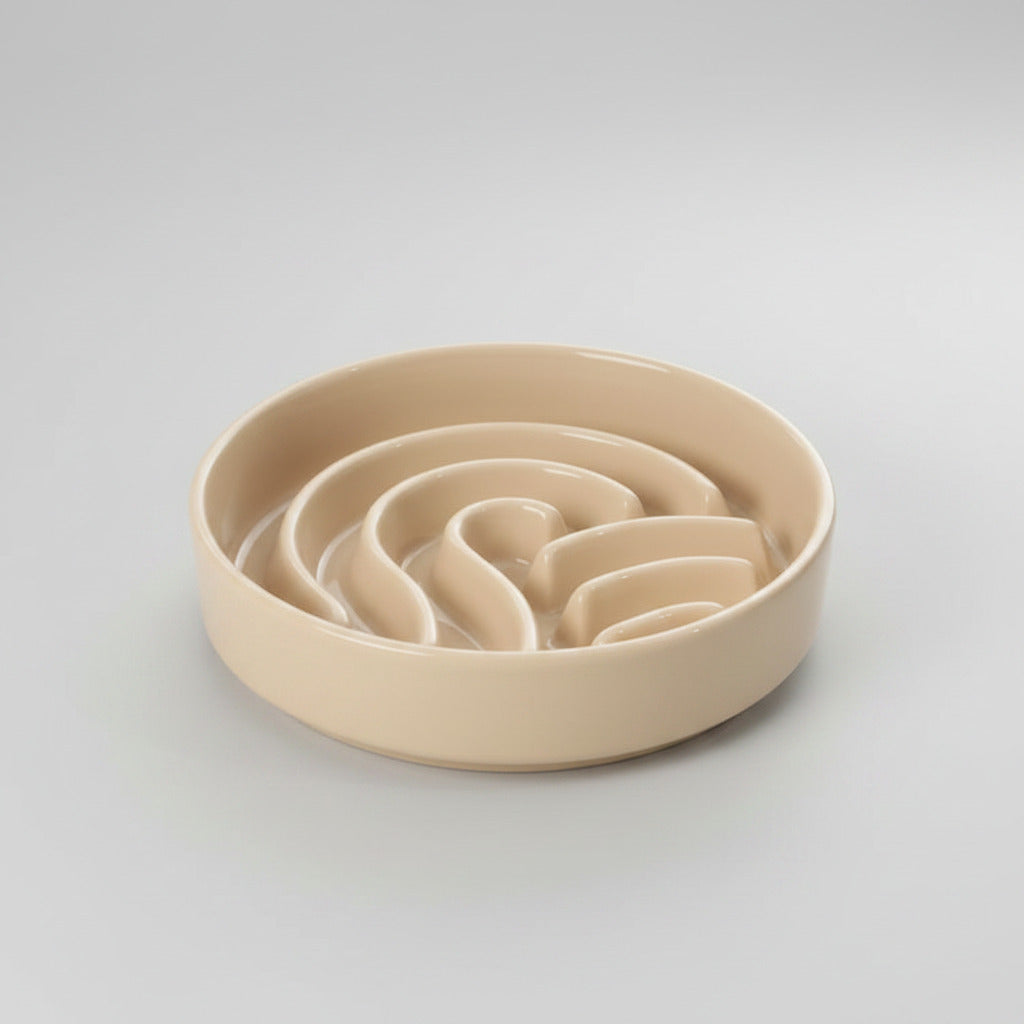 Beige wave slow feeder dog bowl with wavy channels inside, no stand