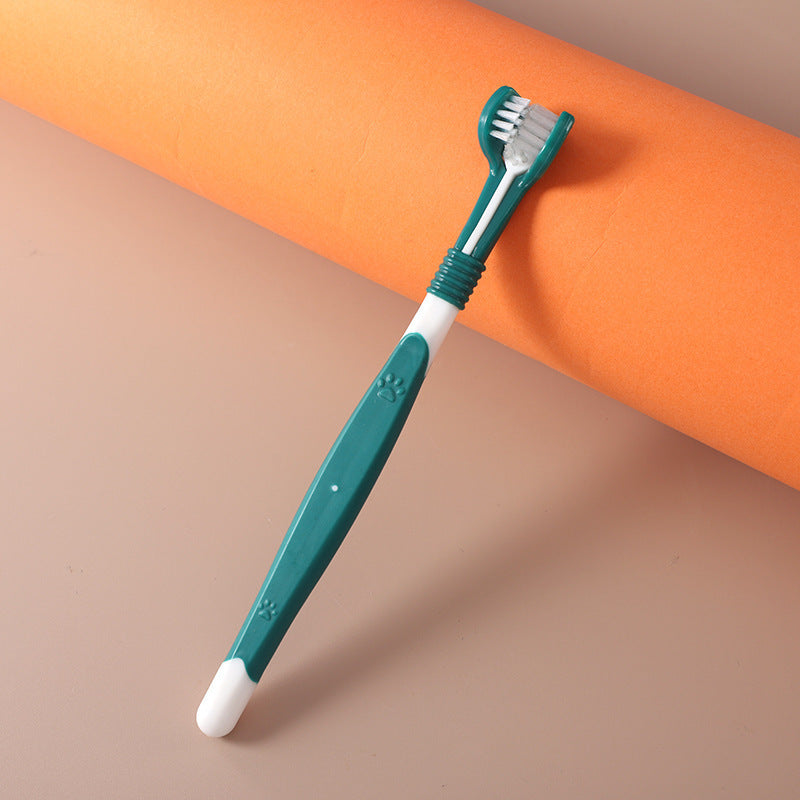 Teal three-sided pet toothbrush with white base and bristled head