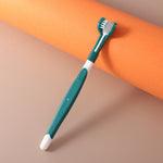Teal three-sided pet toothbrush with white base and bristled head