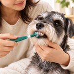 Green pet toothbrush with small bristle head brushing a small dog’s teeth