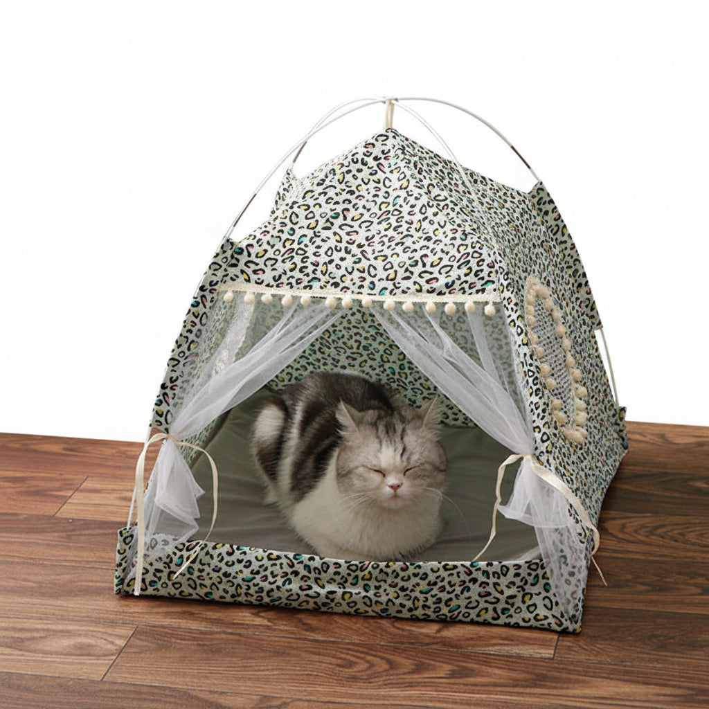 Leopard-print pet tent bed with open mesh roof and side windows, with cat inside