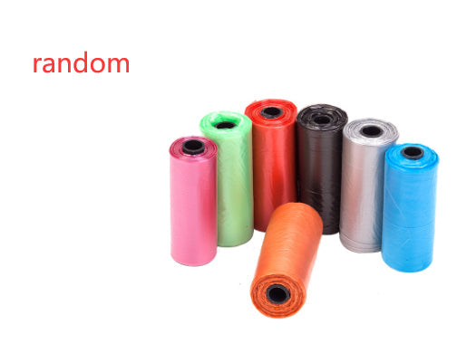 Random color assortment of rolled pet waste bags in pink, green, red, gray, and blue