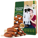 Calcium bones dog chews with chicken, brown and white bone-shaped treats and pouch