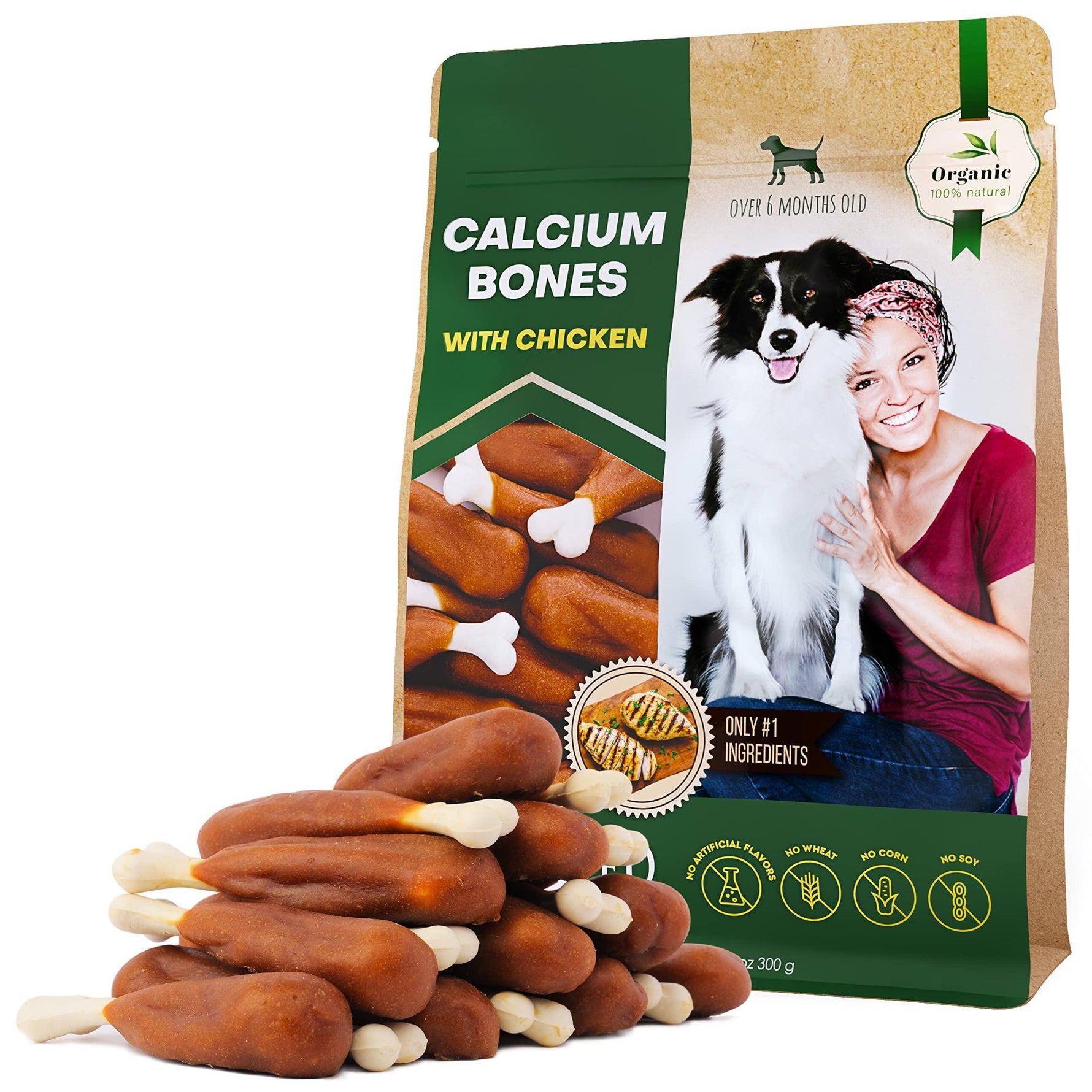Calcium bones dog chews with chicken, brown and white bone-shaped treats and pouch