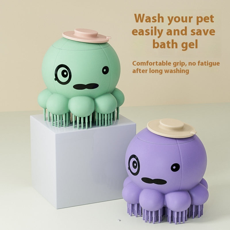 Pet shower brush silicone bath massage comb, green and purple with silicone bristles