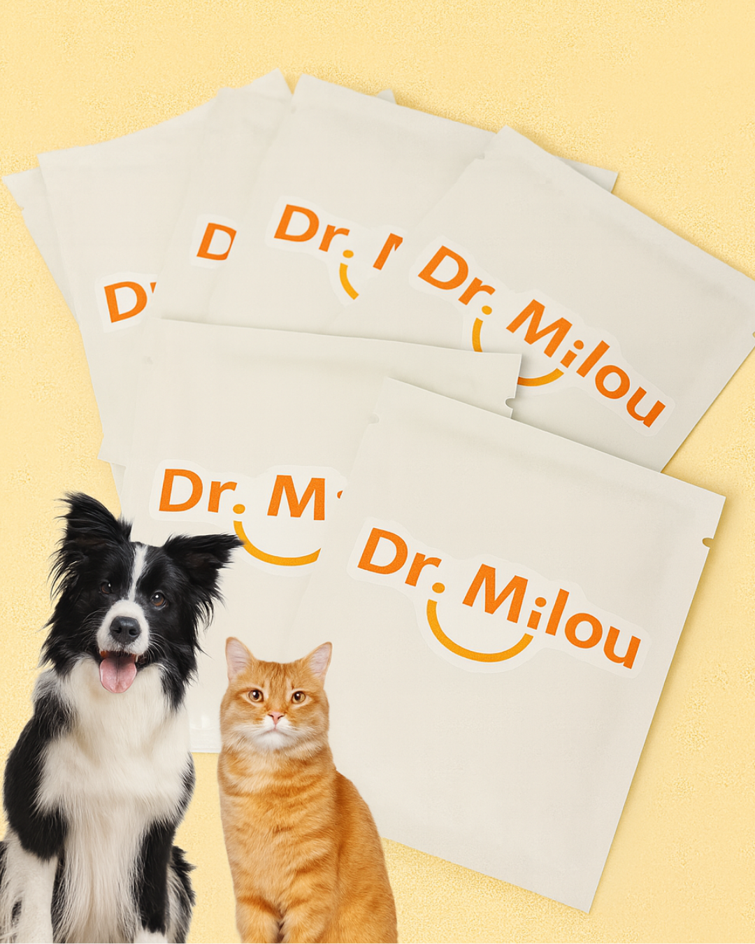 Stacked Dr. Milou pet dental wipe packs with orange logo print