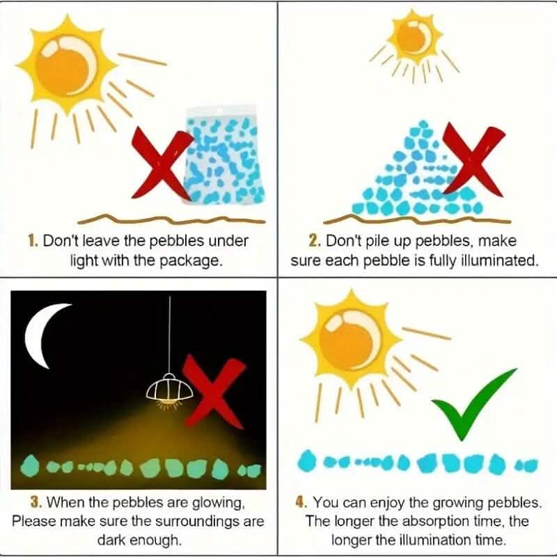 Glowing pebble lighting care guide with warning X marks and a green check mark