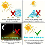 Glowing pebble lighting care guide with warning X marks and a green check mark