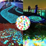 Luminous glowing stones in blue and green tones, small sparkling pieces for outdoor paths