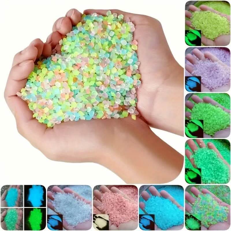 Hand holding multicolor luminous glowing garden stones, small reflective pieces
