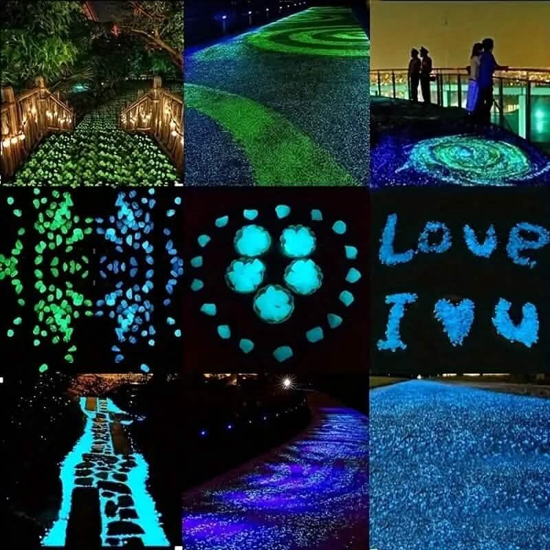 Set of luminous glowing stones, blue and green illuminated fragments