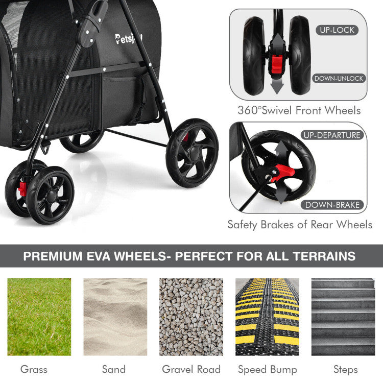 Black stroller wheels close-up: 360° swivel front wheels and rear safety brakes