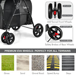 Black stroller wheels close-up: 360° swivel front wheels and rear safety brakes