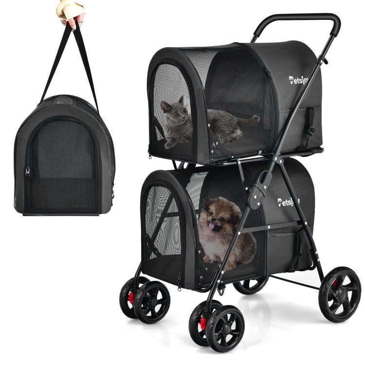 4-in-1 double pet stroller in black with detachable carrier and travel carriage