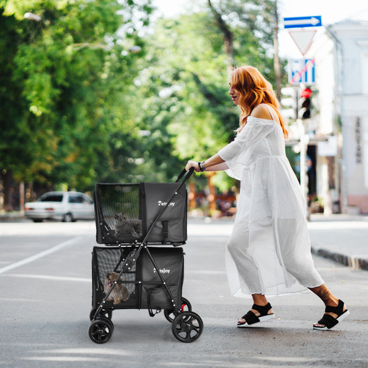 Black 4-in-1 double pet stroller with detachable carrier and two mesh compartments