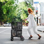 Black 4-in-1 double pet stroller with detachable carrier and two mesh compartments