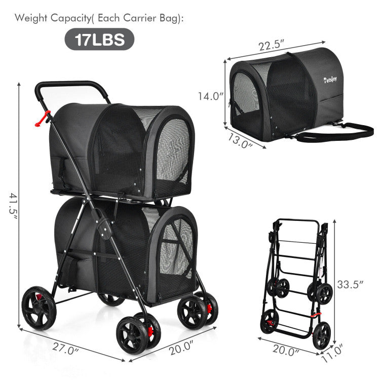 Black 4-in-1 pet stroller set with detachable carrier and travel carriage, size diagram