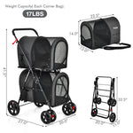 Black 4-in-1 pet stroller set with detachable carrier and travel carriage, size diagram