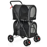 Black 4-in-1 double pet stroller with detachable carrier and two mesh panels