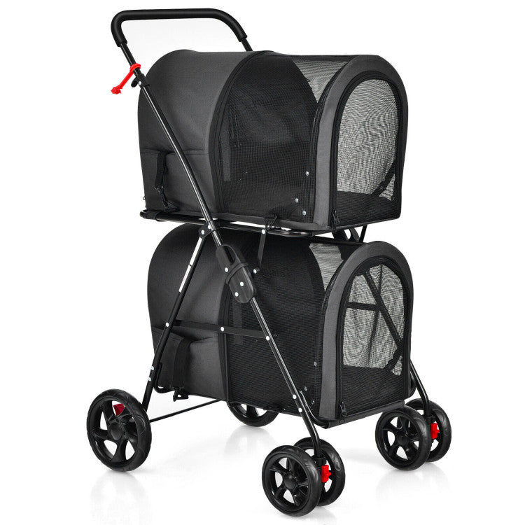 Black 4-in-1 double pet stroller with detachable carrier and two mesh panels