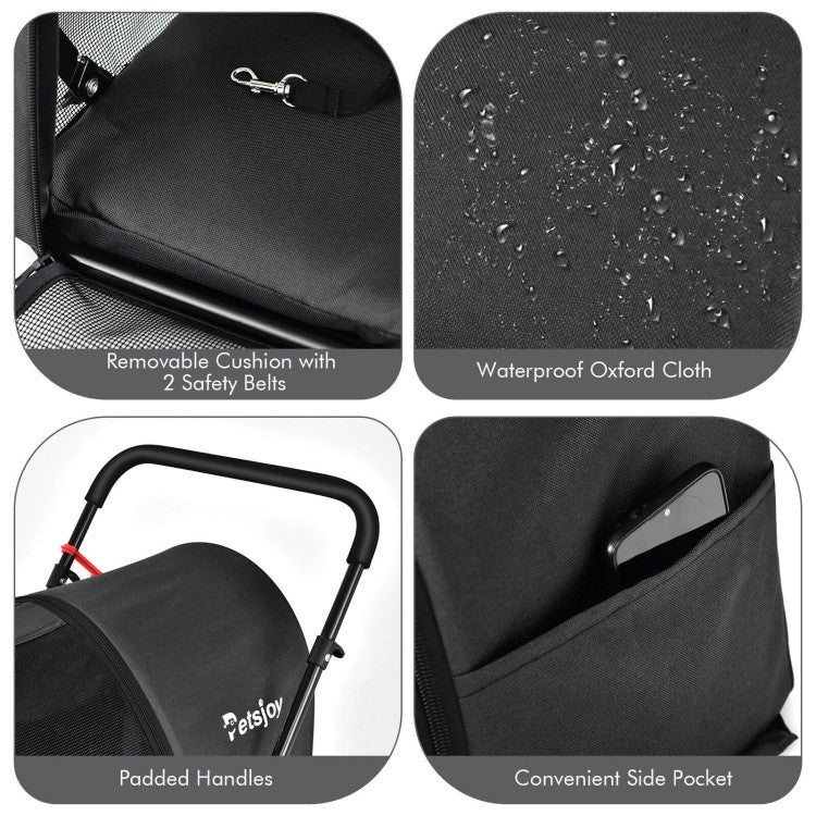 Black stroller details: removable cushion, padded handles, side pocket, waterproof cloth