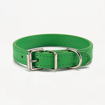 Green PU leather dog collar with metal D-ring and buckle, stitched strap