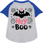 Pet raglan shirt, white body with royal blue sleeves, “Hey Boo” cat graphic