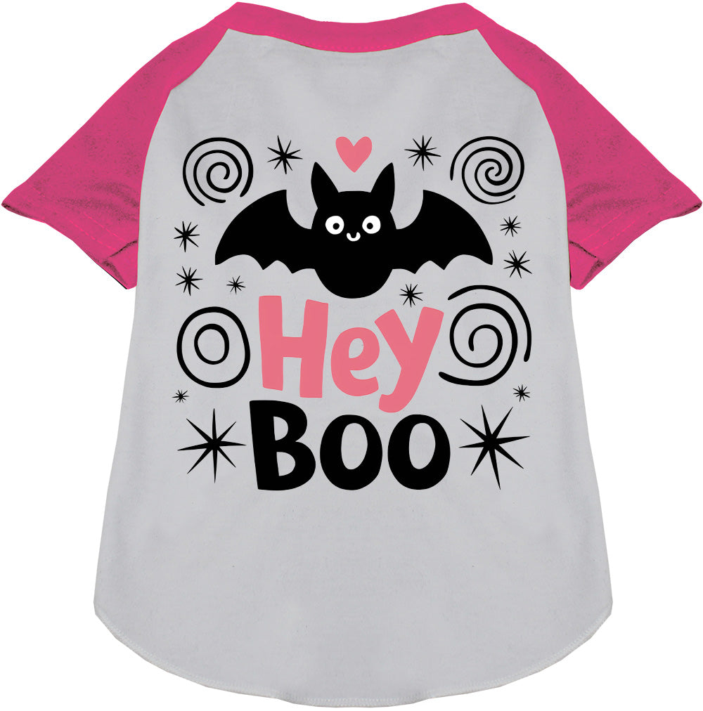 Pet raglan shirt, white body with bright pink raglan sleeves, “Hey Boo” print