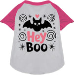 Pet raglan shirt, white body with bright pink raglan sleeves, “Hey Boo” print
