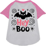 Pet raglan shirt, white body with bright pink sleeves, “Hey Boo” cat graphic